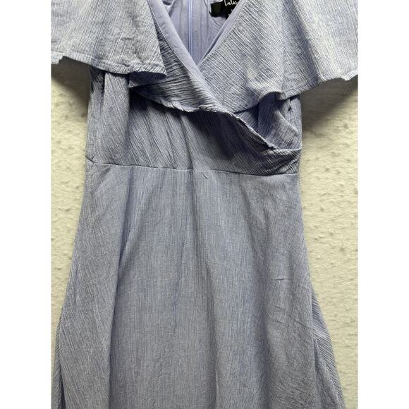 Y2K Blue Gingham Wrap Front Dress Off the Shoulders Size Med Pockets Fairy Lined - Picture 3 of 11